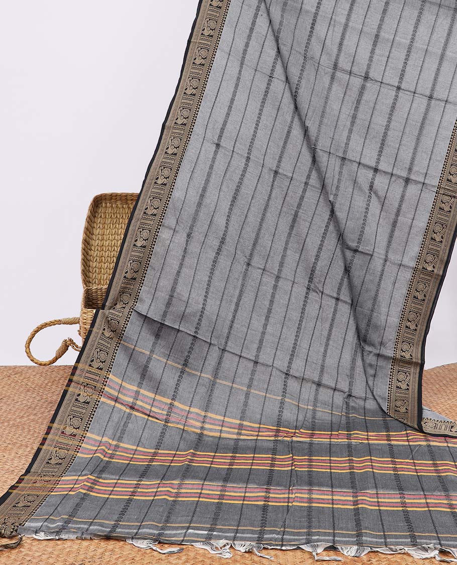 Grey paisley motifs narayanapet cotton saree with contrast traditional border & striped design pallu