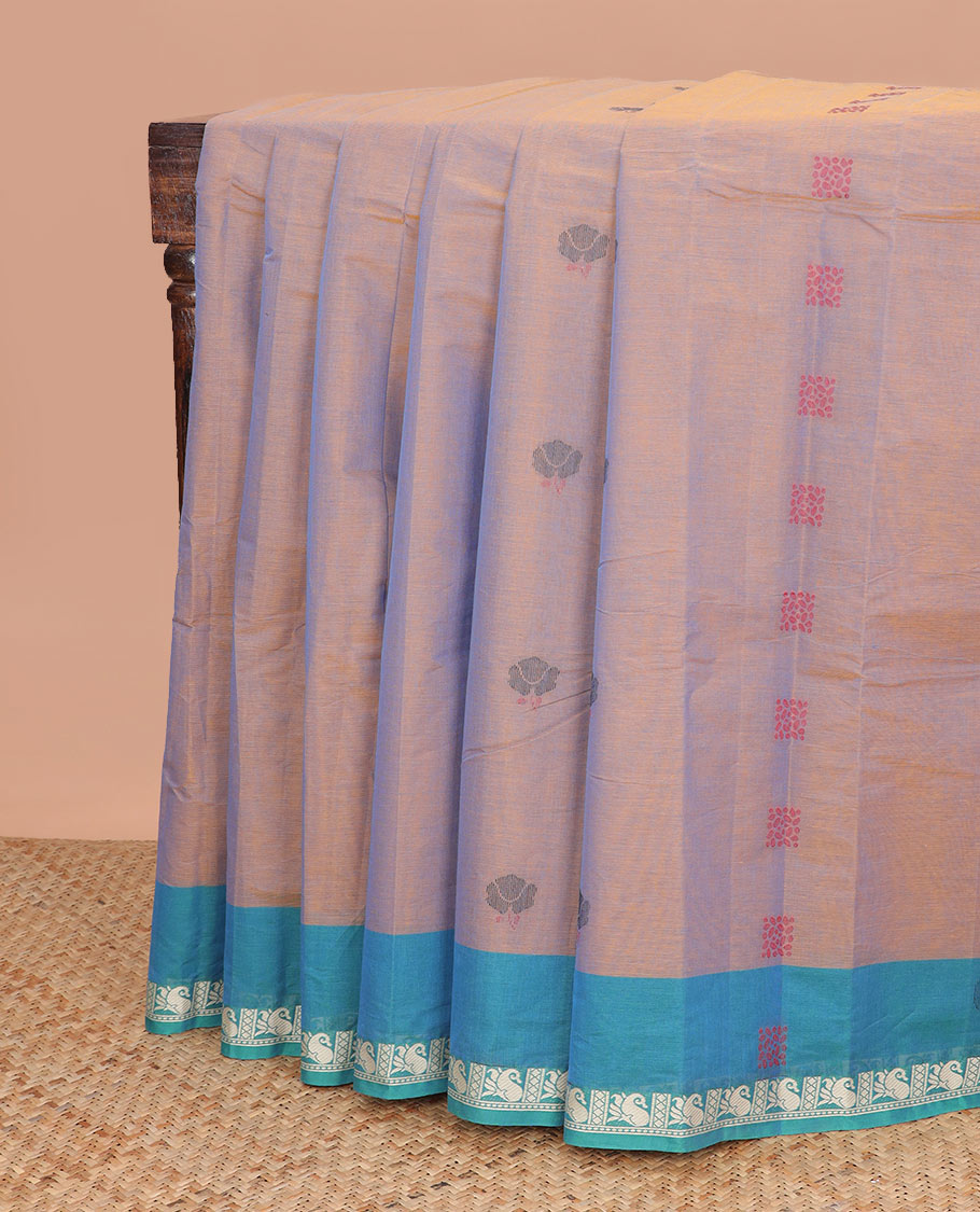 Brown motifs kanchi cotton saree with contrast zari design border & floral design pallu