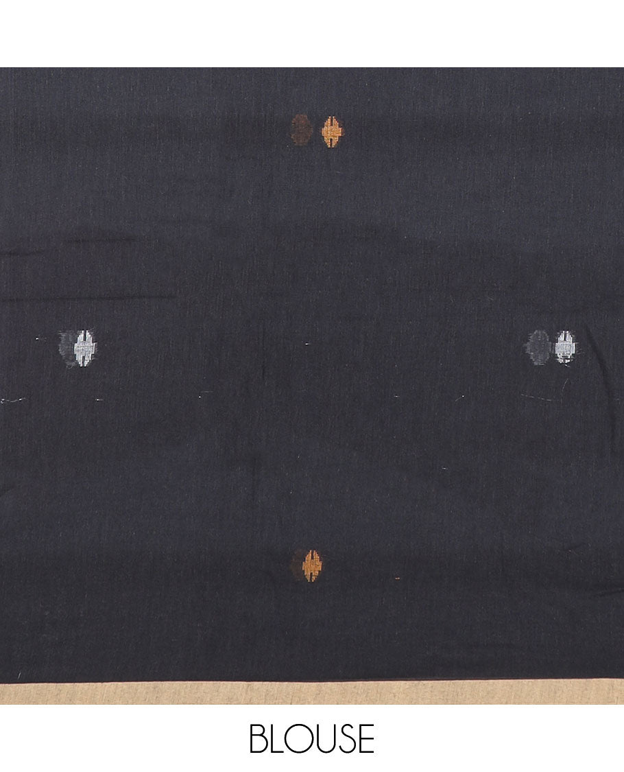 Black meena thread buttas Kadhi cotton saree, contrast piping border & pallu of 4-petal floral motifs & stripes