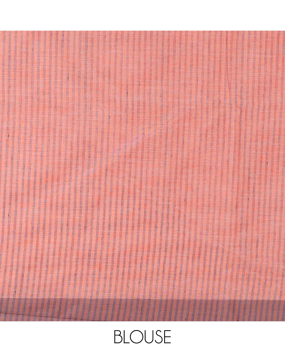 Peach vertical striped jute cotton saree, contrast striped border, and striped pallu