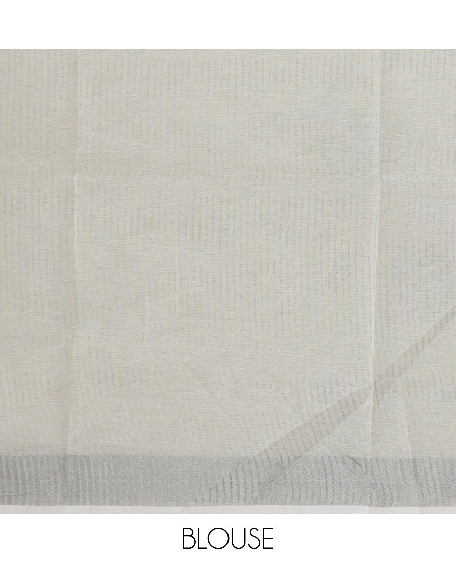 Beige spiral buttas printed cotton saree, zari border and striped pallu