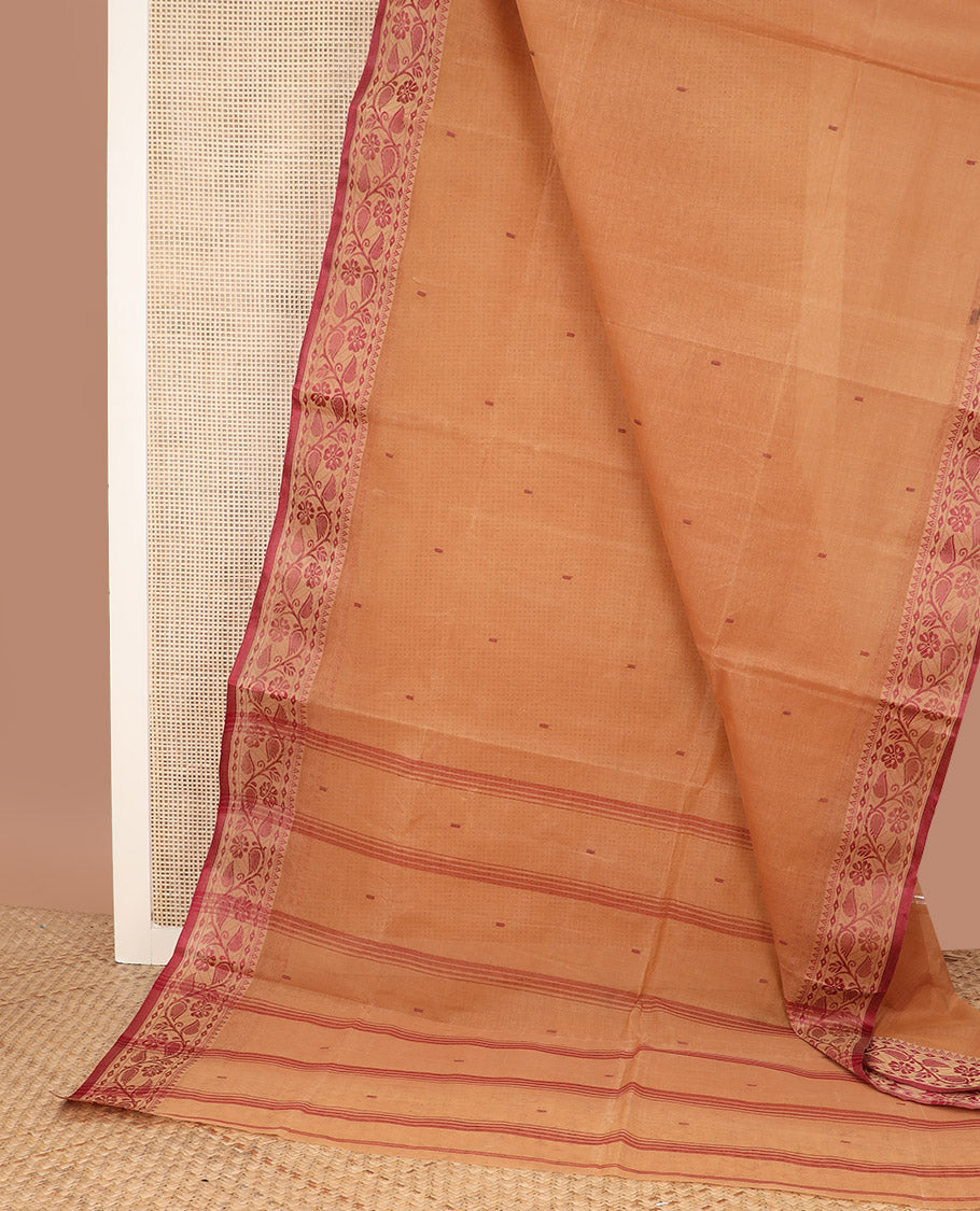 Sandal buttas Bengal cotton saree, contrast temple floral creeper border, and striped pallu