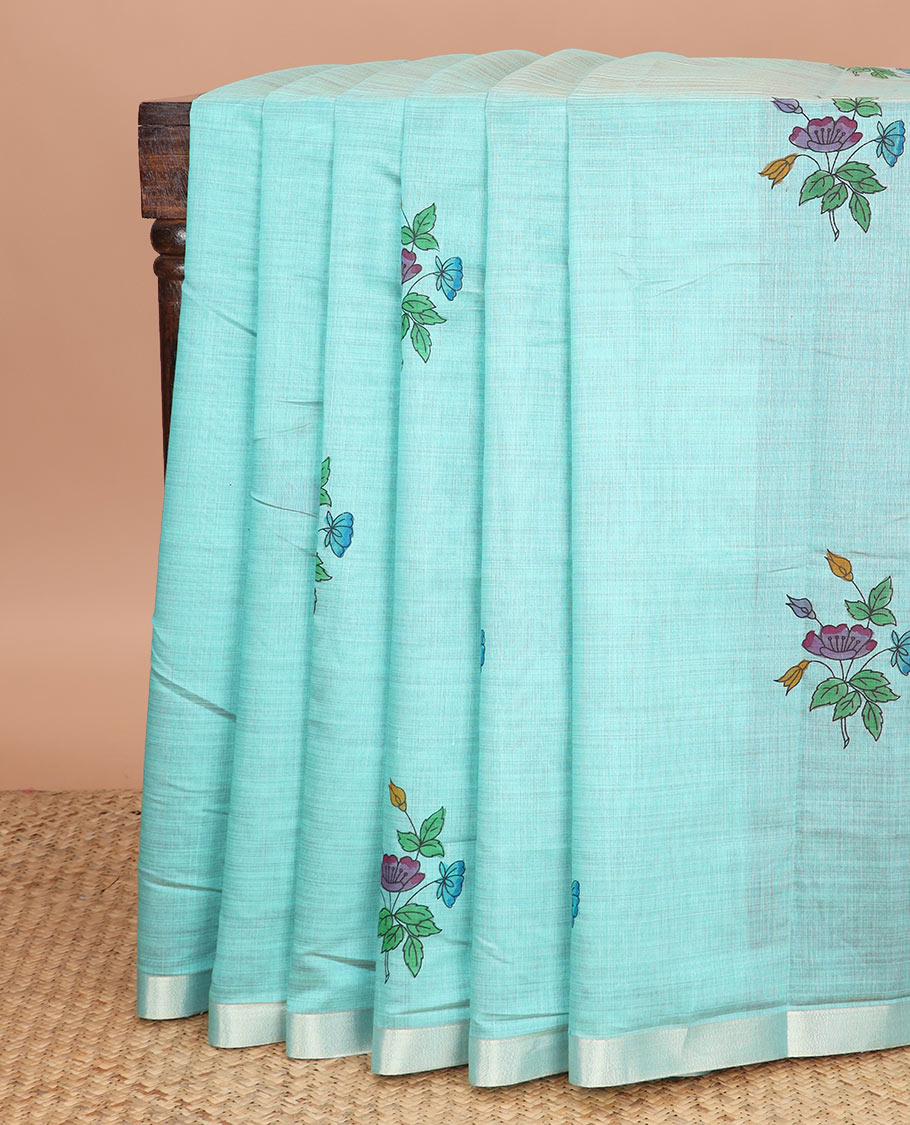 Blue floral buttas printed chirala cotton saree, bavanji border, and contrast floral print pallu