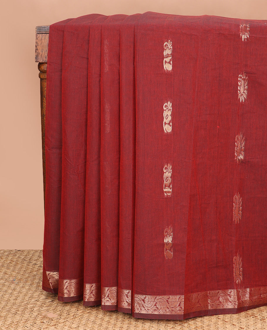 Maroon zari buttas Coimbatore Cotton saree, floral creeper zari border, and pallu of intricate zari designs