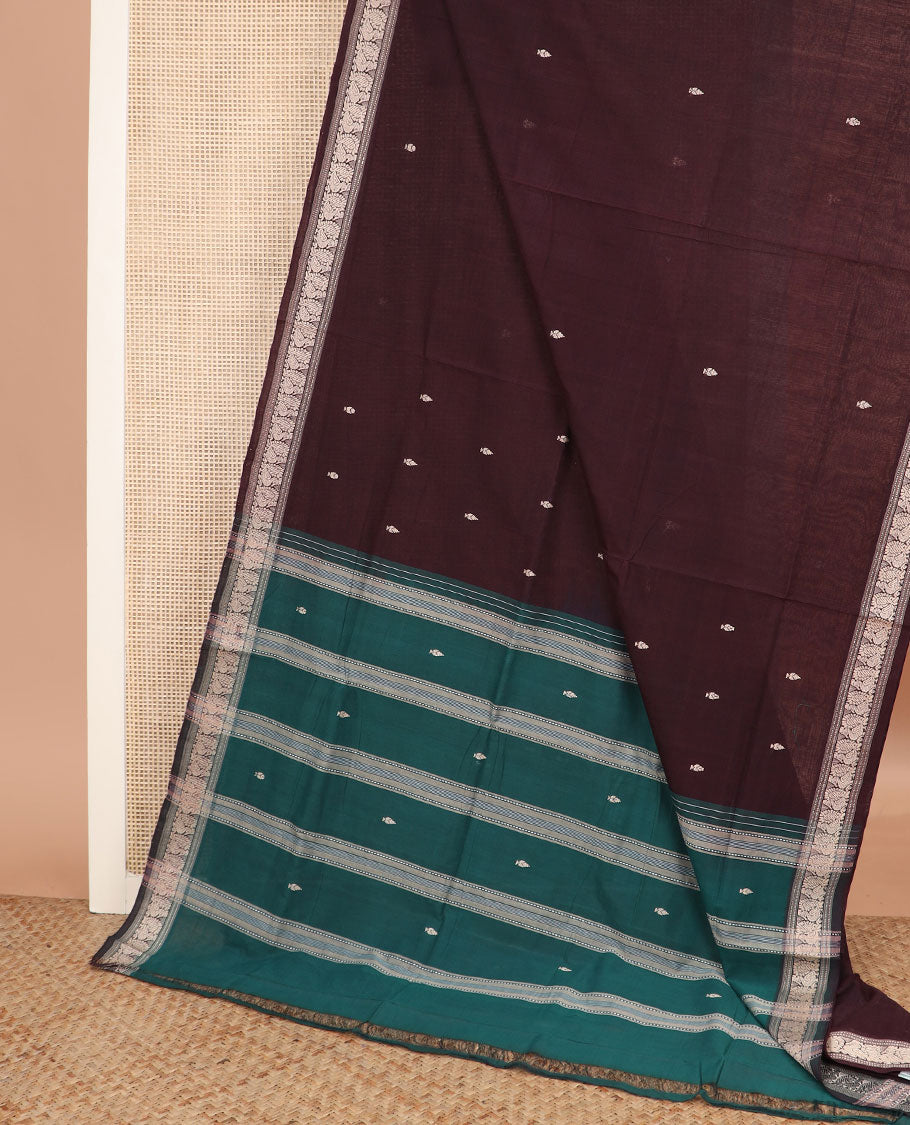 Maroon buttas Andhra cotton saree, peacock motifs border, and contrast pallu of stripes and buttas