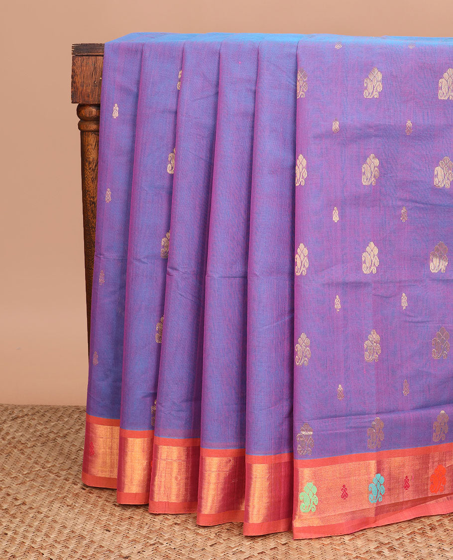 Purple zari buttas Venkatagiri cotton saree, contrast zari and thread work border, and zari striped pallu