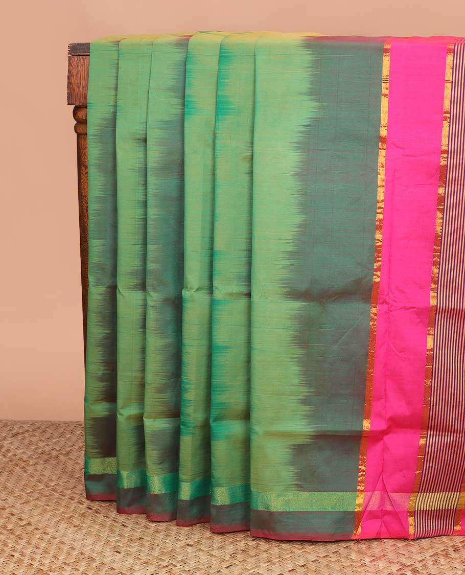 Green ikkat poly cotton saree, self-border, and contrast striped pallu