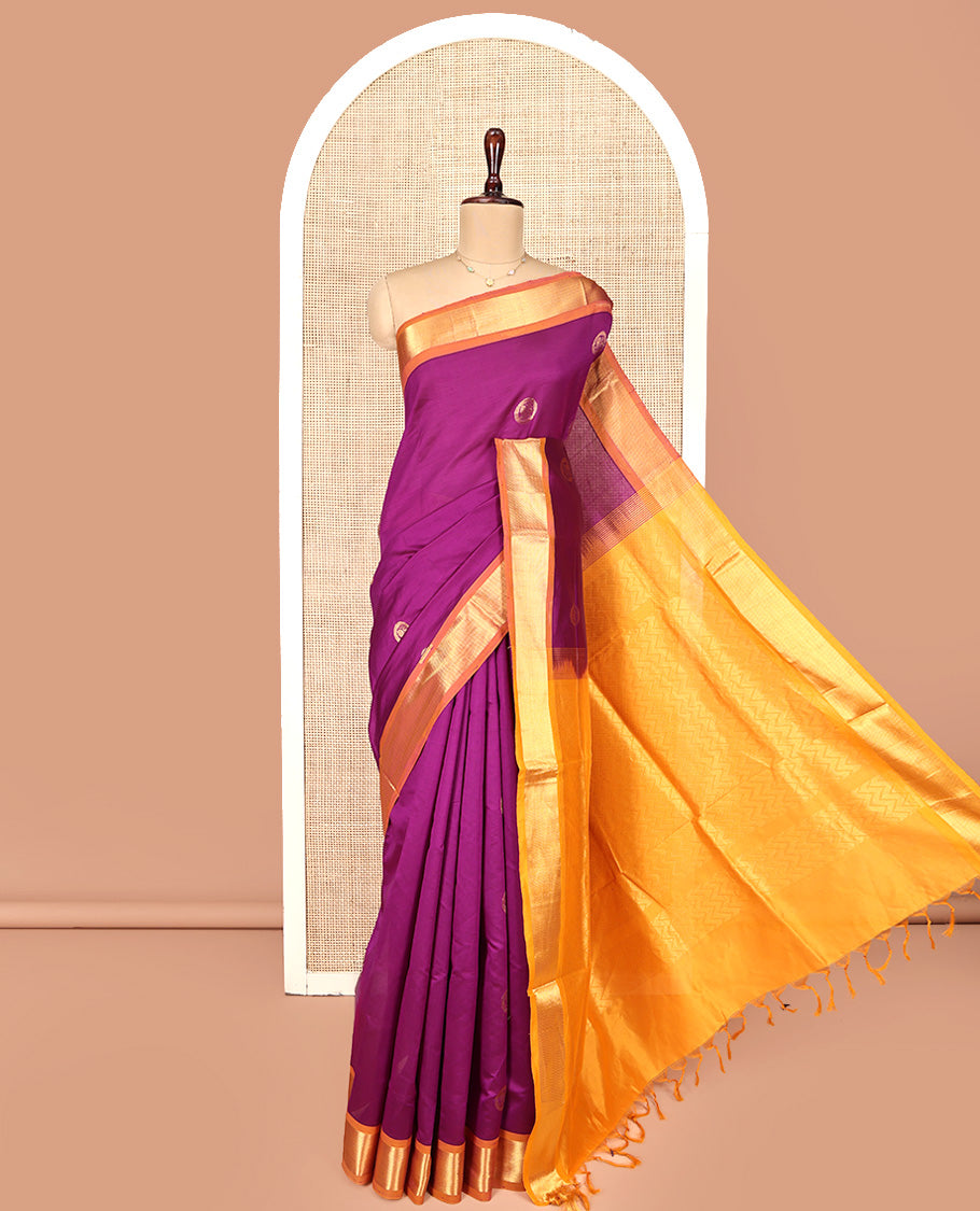 Purple Poly Cotton Saree, Adorned with Buttas all over its Body, Complemented by Contrast Zari Border, Chevron Striped Pallu, and Paired with a Contrast Blouse