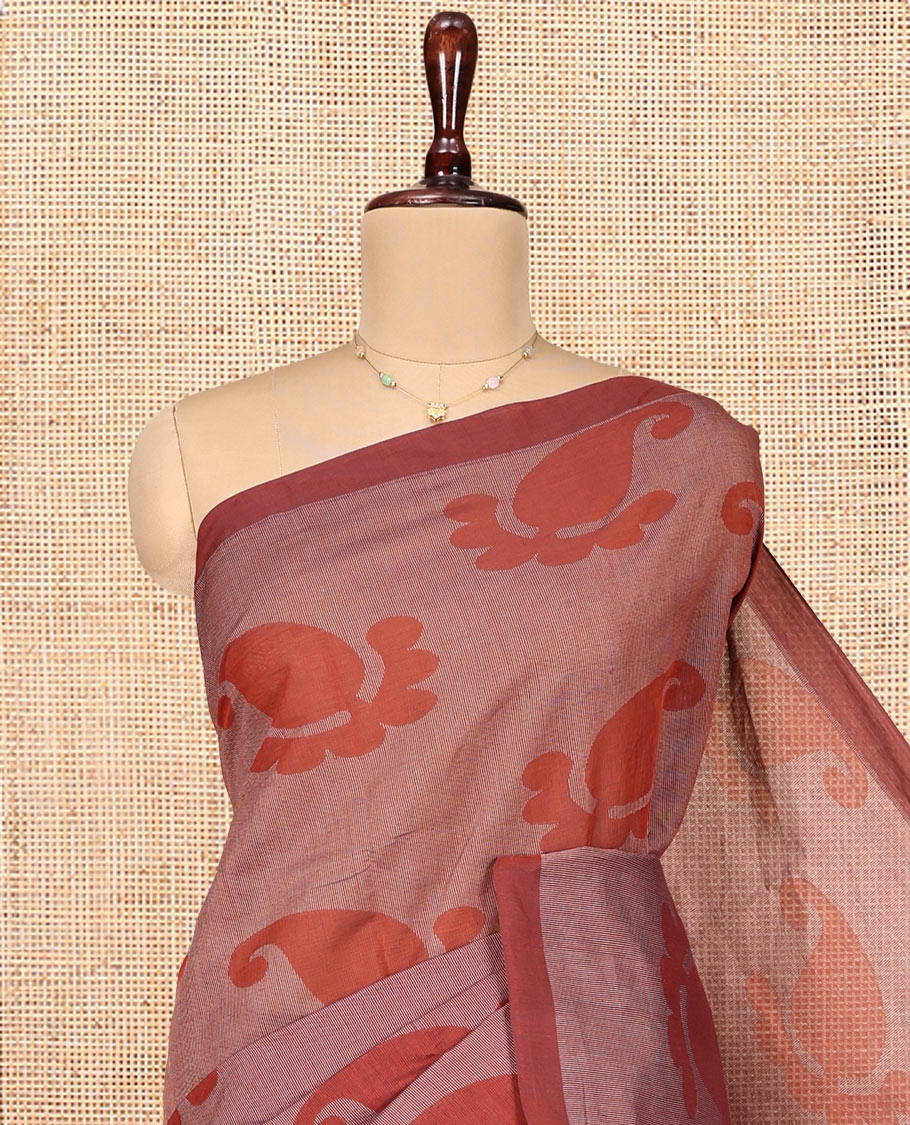 Brown Coimbatore Cotton Saree, Featuring Paisley Buttas on Its Body, a Contrast Border, Pallu of Ogee Design, and Paired with a Contrast Blouse