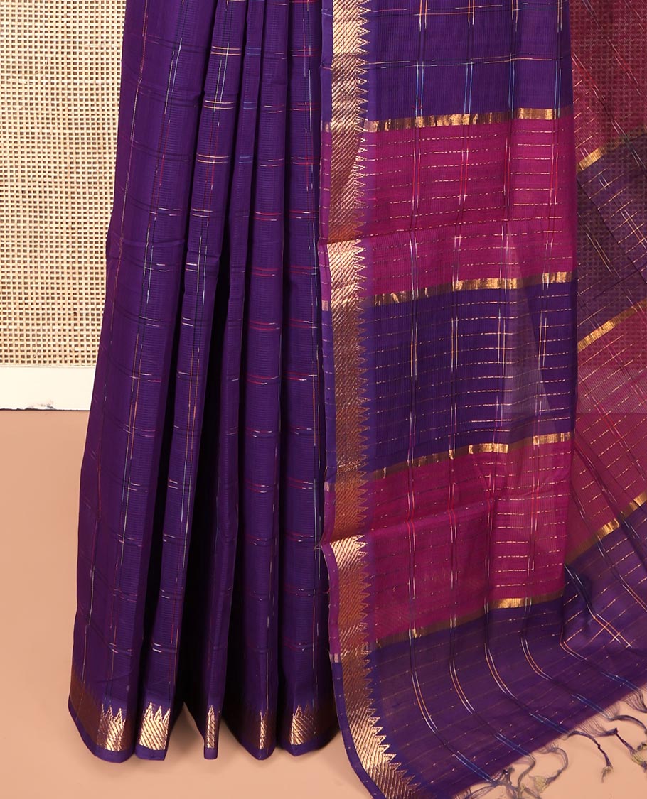 Violet Mangalgiri Cotton Saree, Graced with Checked Design on Its Body, Highlighted by Zari Temple Border, Zari-Striped Pallu, and Paired with a Contrast Blouse