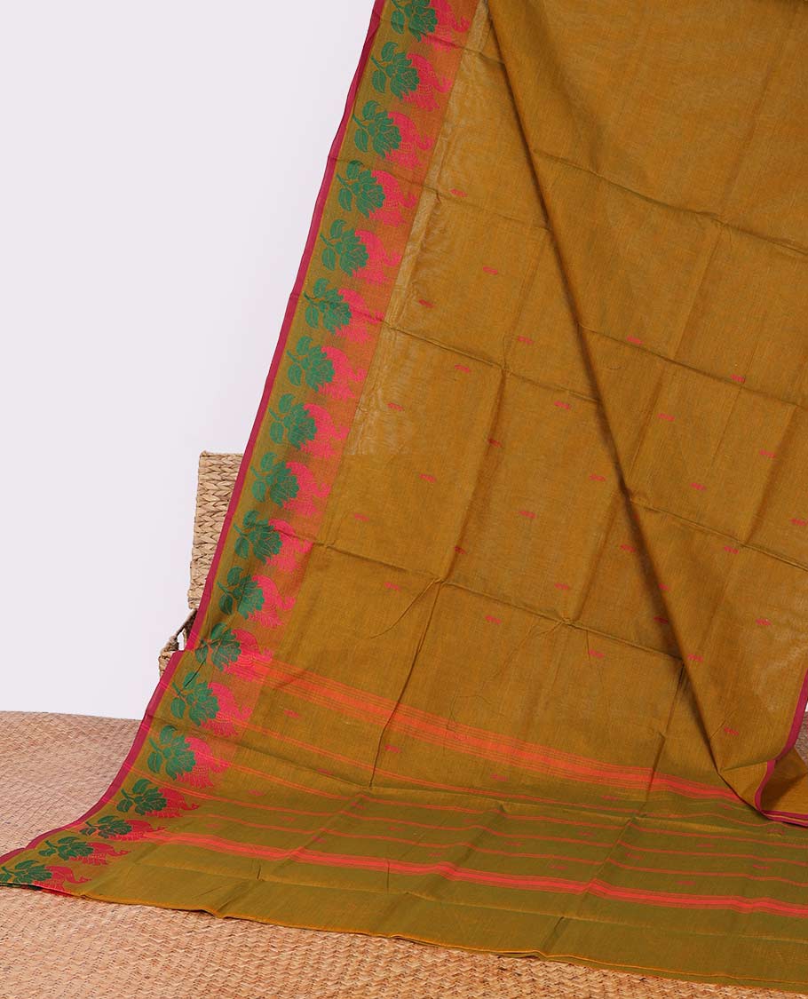 Mustard buttas Chettinad cotton saree, floral motif border & striped pallu