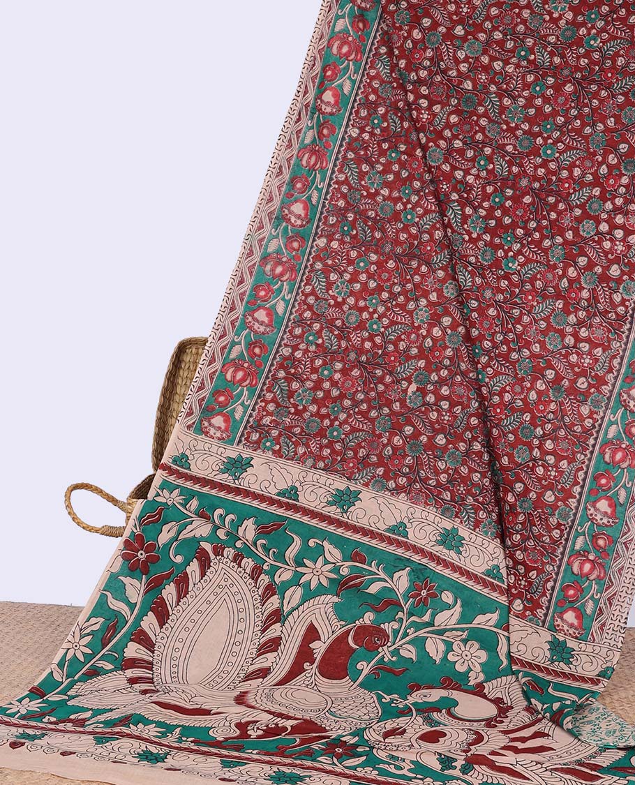 Red floral vine design machine-printed kalamkari cotton saree with contrast floral border & peacock, floral vine design pallu
