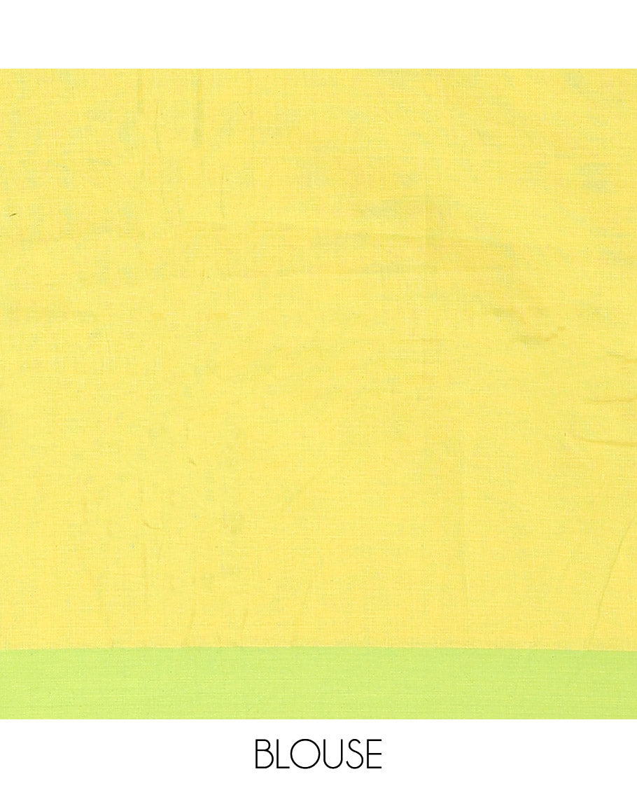 Lime Yellow Plain Khadi Cotton Saree, Subtly Sparked with Contrasting Plain Border, Subtly Striped Pallu, and Paired with a Matching Blouse