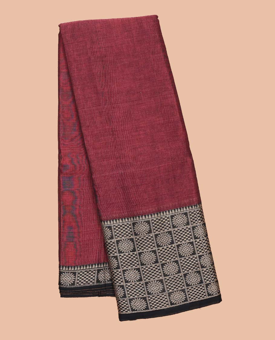 Red plain design Narayanapet cotton saree, contrast chakram and bentex design border & striped pallu