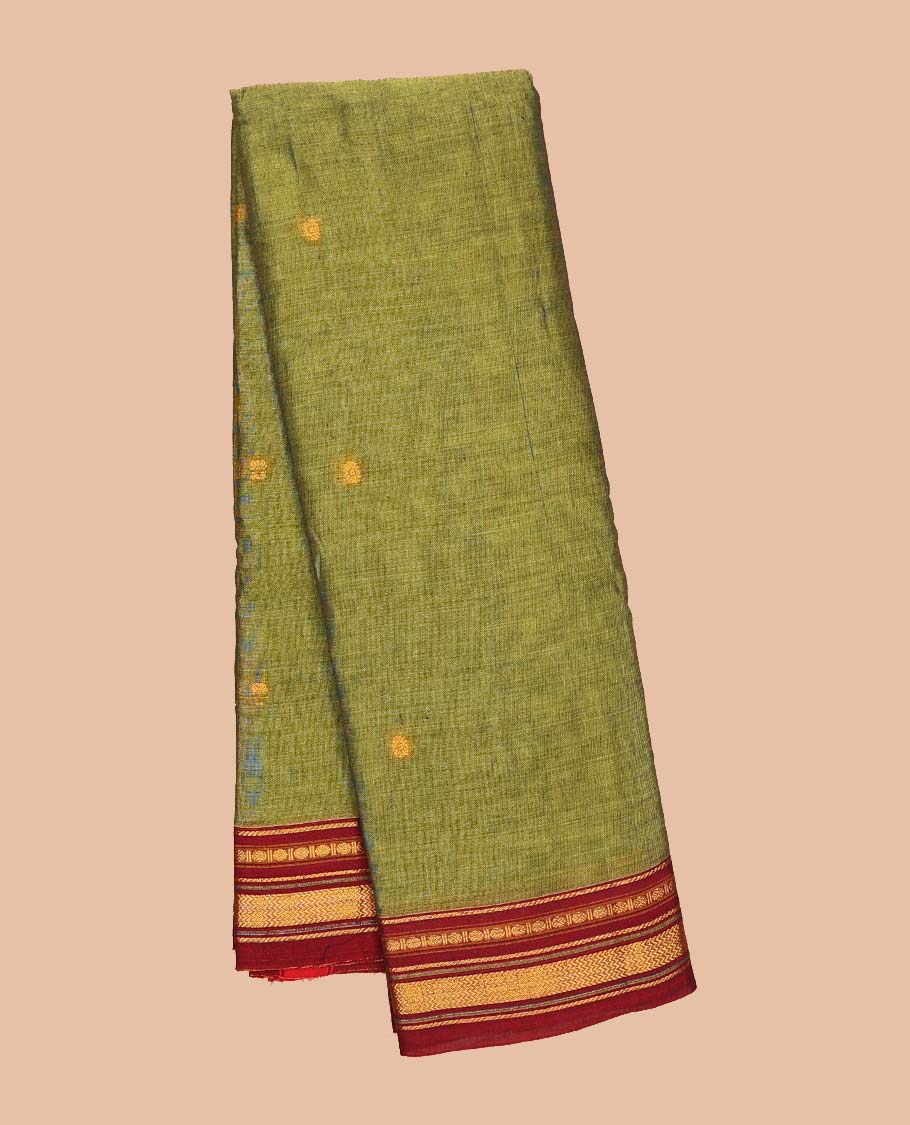 Green buttas Narayanapet cotton saree, contrast zari border & striped pallu