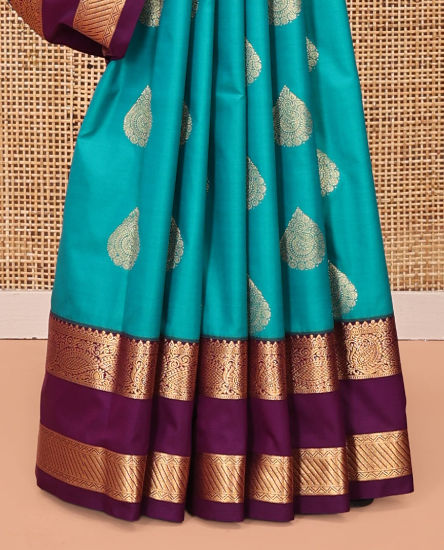 Rama Green and Purple Budget Silk Saree, Accentuated with Zari Buttas All Over Its Body, Complemented by Contrast Rettai Pettu Traditional Zari Designs Woven Border, Grand Pallu and Paired with a Contrast Blouse
