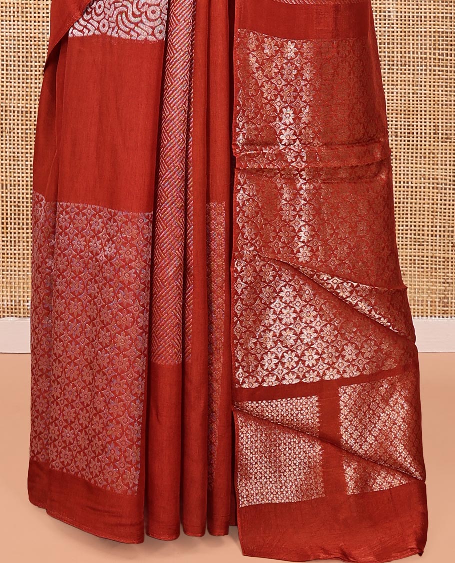 Borderless Rust Chanderi Cotton Saree, Steeped in the Richness of Zari Big Square Buttas All Over Its Body, Highlighted by Geometric Patterned Pallu and Paired with a Matching Blouse
