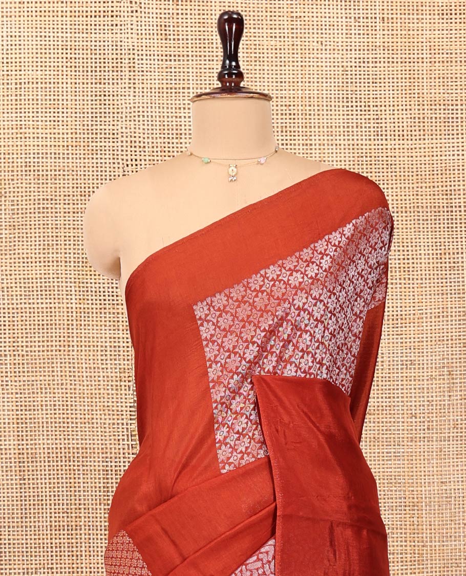 Borderless Rust Chanderi Cotton Saree, Steeped in the Richness of Zari Big Square Buttas All Over Its Body, Highlighted by Geometric Patterned Pallu and Paired with a Matching Blouse