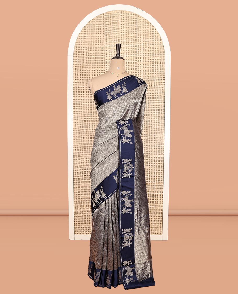 Navy Russian Dola Silk Saree Features Jacquard, Wedding-Themed Border, Jaal Pallu, Matching Blouse