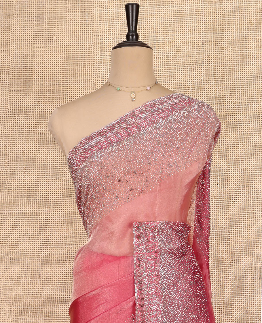 Onion Pink Fendi Silk Saree with Swarovski Stonework Border and a Stonework Blouse