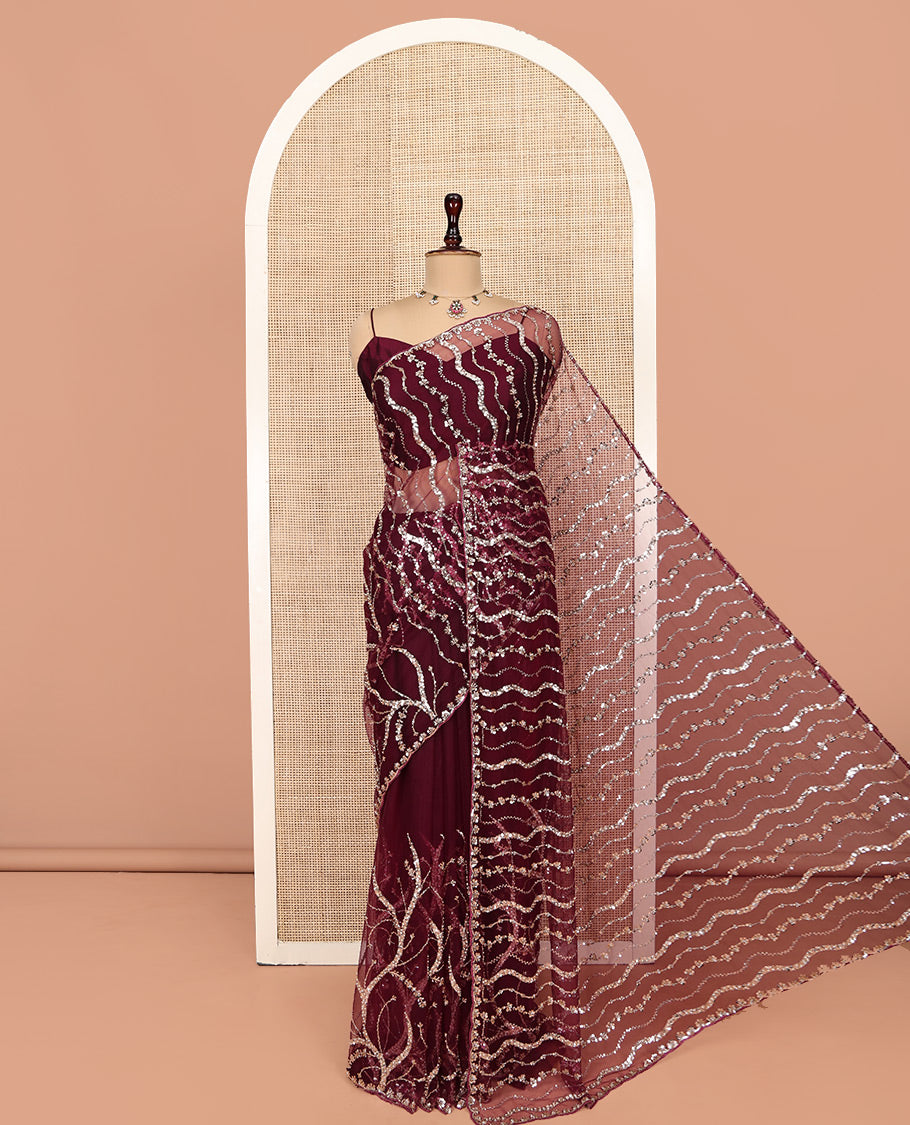 Wine Zig-Zag Sequin Striped Net Designer Saree with Matching Blouse
