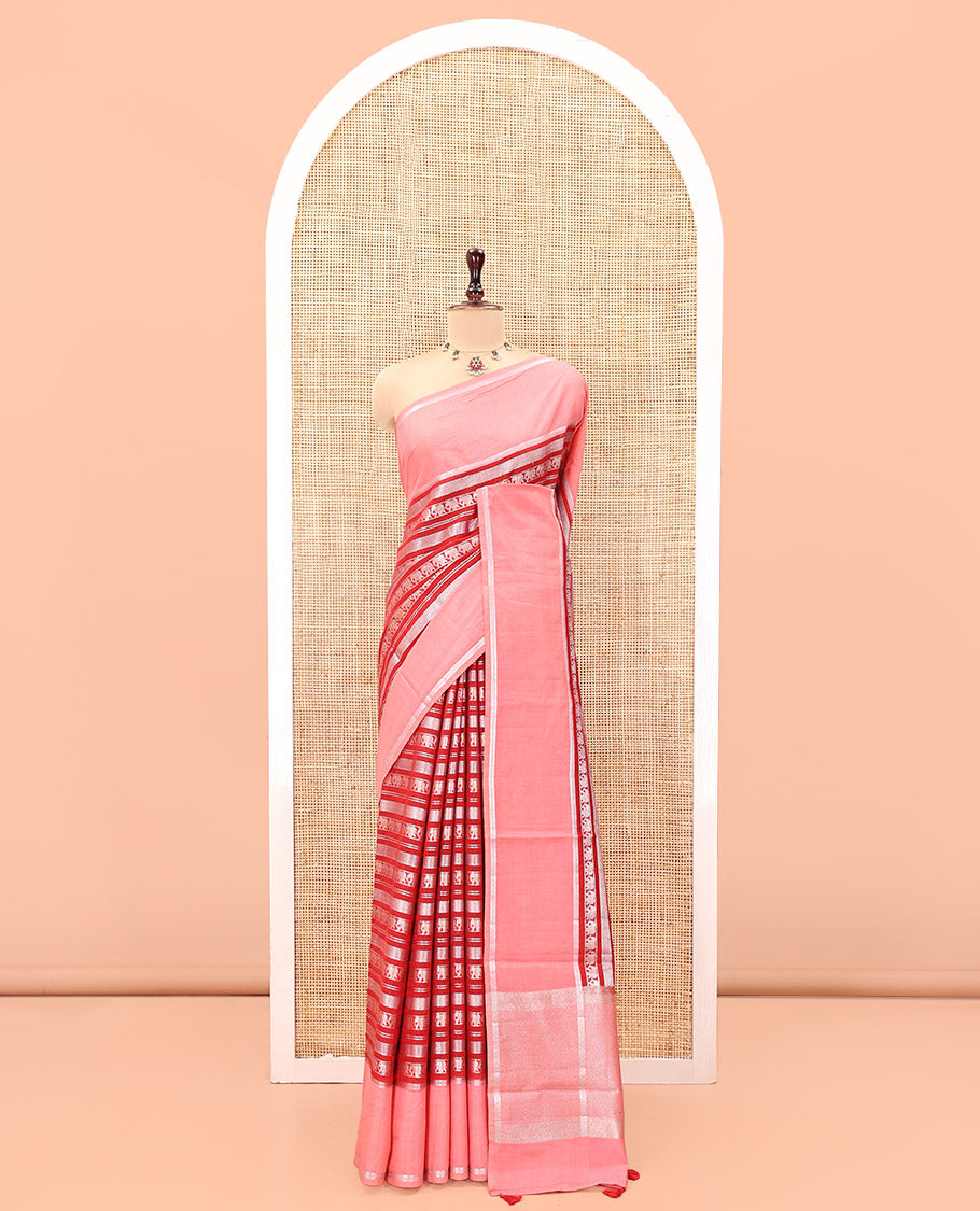Red Organza Saree, Richly Zari Detailed with Geometric and Elephant Motifs All Over Its Body, Complemented by Captivating Contrast Zari Border, Zari Decked Up Pallu, and Paired with a Contrast Blouse