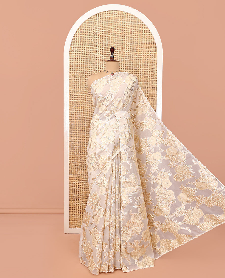 Gold Turkey Organza Saree Features Floral Gold-Glitter work, Scallop Border, Embroidered Blouse