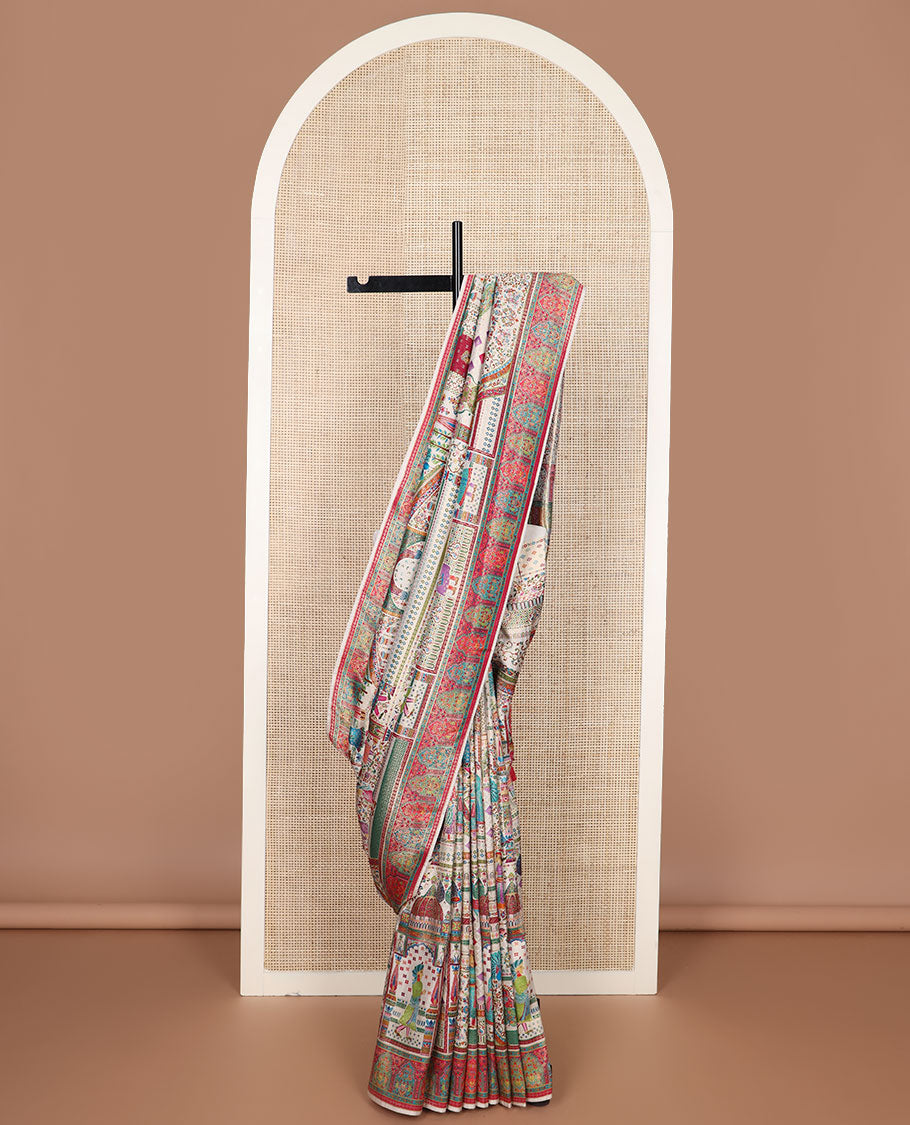 Kaleidoscope-colour Mughal stories printed Dola satin silk saree depicting motifs of floral, Mughal-arch, peacock & ancient humans, highlighted with zari