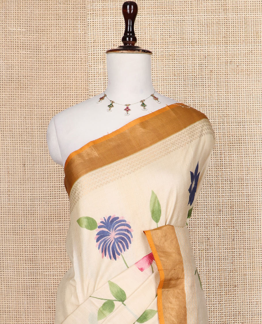 Sandal colorful hand brush painting style floral vine kota silk saree, contrast bavanji border, and floral creeper pallu