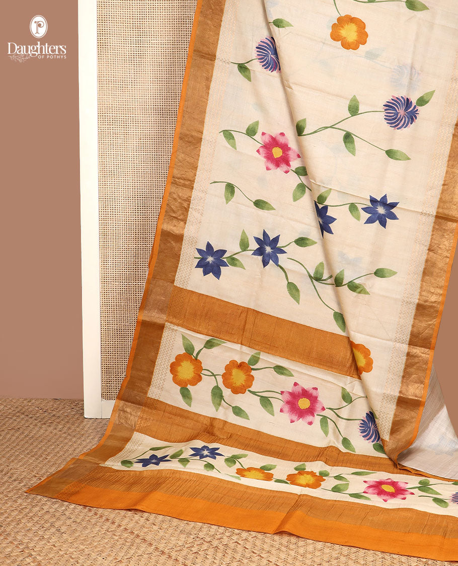 Sandal colorful hand brush painting style floral vine kota silk saree, contrast bavanji border, and floral creeper pallu