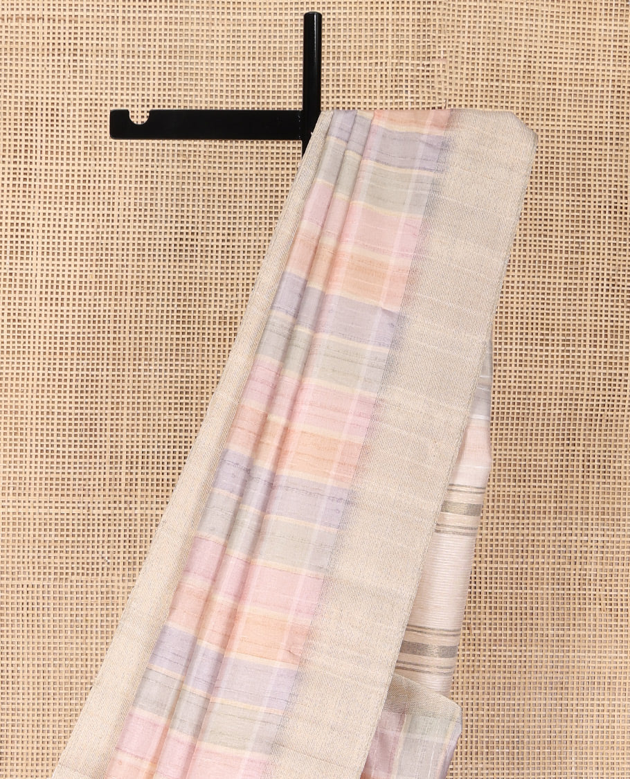 Multi-Color Fancy Tussar Saree, Sparsely Sparkled with Checked Designs Printed on Its Body, Complemented by Contrast Textured Border, Patola Printed Pallu, and Paired with a Matching Printed Blouse
