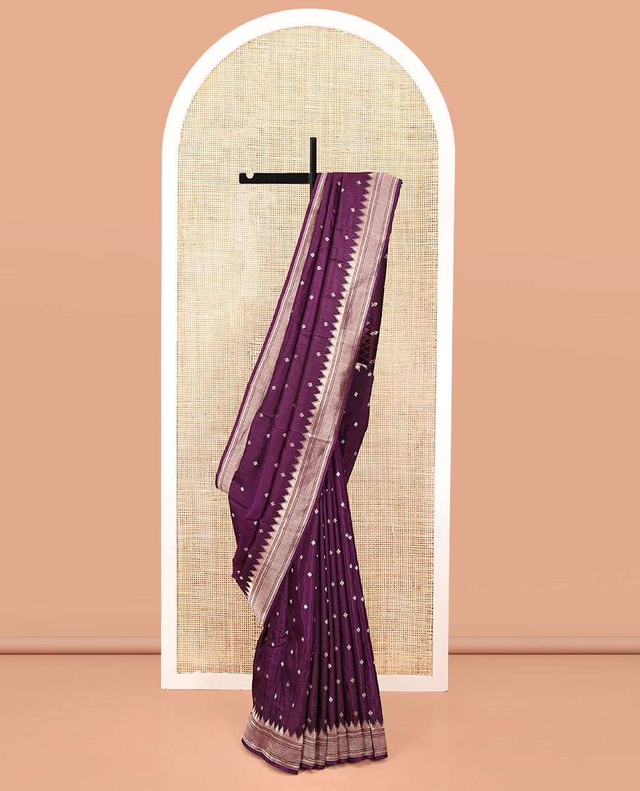 Dark Purple HO Silk Saree, Elevated with Zari Buttas All Over Its Body, Highlighted by Temple Border of Diamond Patterns, Pallu Artfully Woven with Tree of Life Design, and Paired with a Matching Blouse