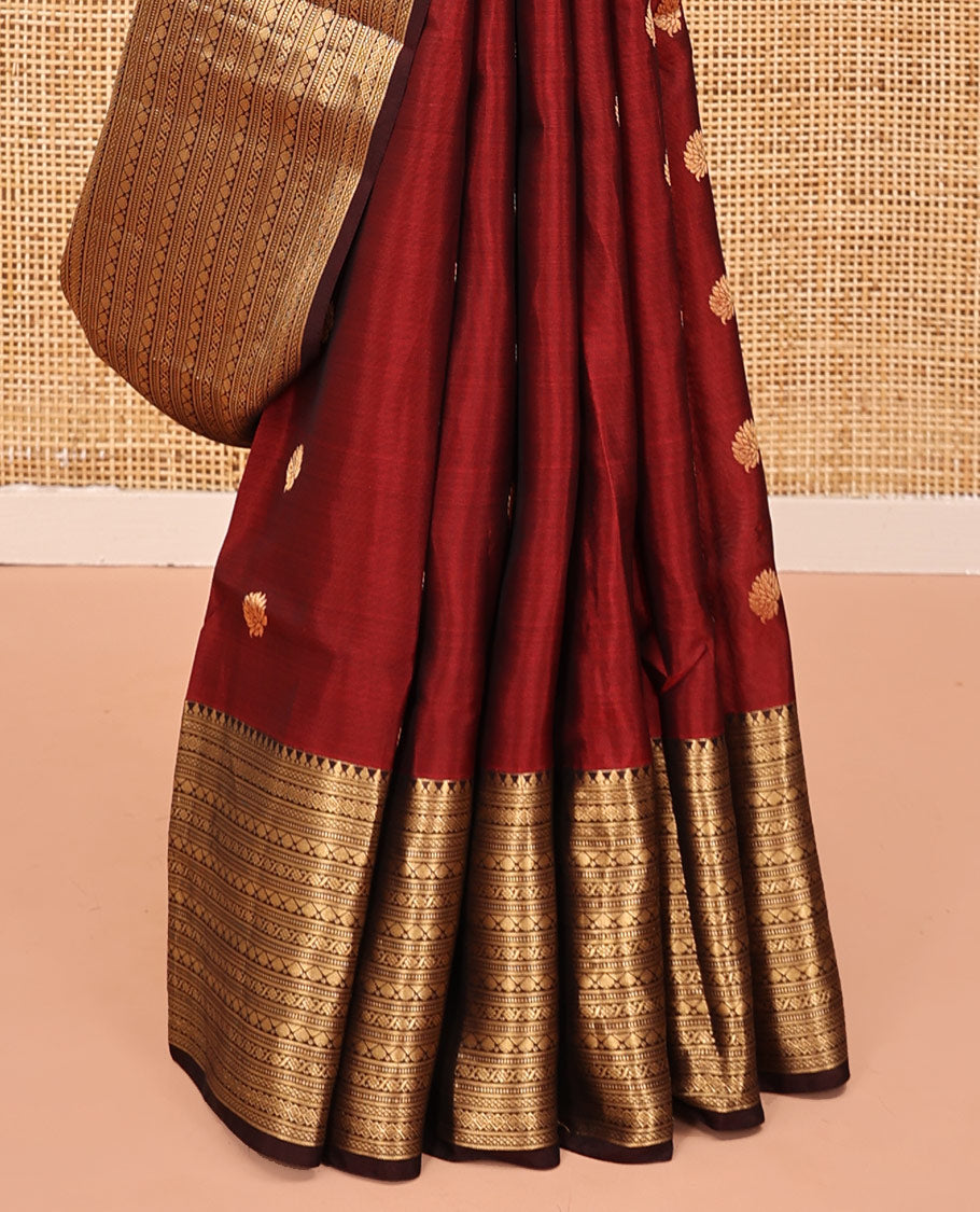 Wine and Maroon Vasundhara Lite Silk Mix Saree, Elevated with Zari Buttas All Over Its Body, Complemented by Contrast Border of Thilakam, Muthu, Banaras, Diamond, Mayil Kann, and Cross Kamalam Designs, Grand Pallu, and Paired with a Contrast Blouse