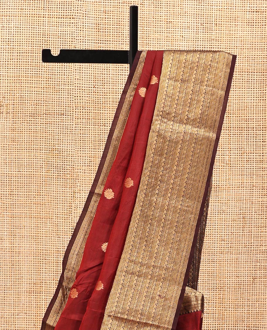 Wine and Maroon Vasundhara Lite Silk Mix Saree, Elevated with Zari Buttas All Over Its Body, Complemented by Contrast Border of Thilakam, Muthu, Banaras, Diamond, Mayil Kann, and Cross Kamalam Designs, Grand Pallu, and Paired with a Contrast Blouse