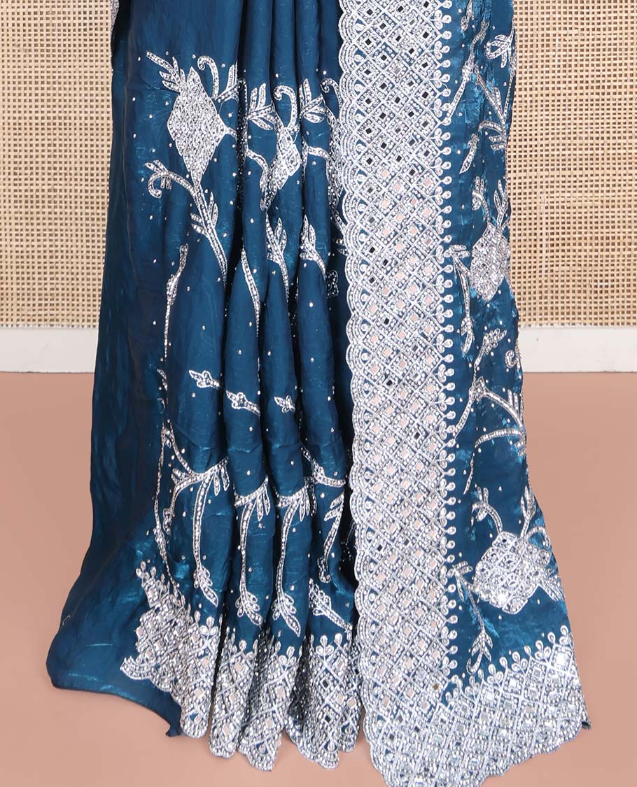 Blue Designer Saree, Richly Detailed with Floral-Jaal Style Mixed Embroidery on Its Body, Highlighted by Jaal-Patterned Scallop Embroidered Border, Self-Design Pallu, and Paired with a Heavy Embroidered Matching Blouse