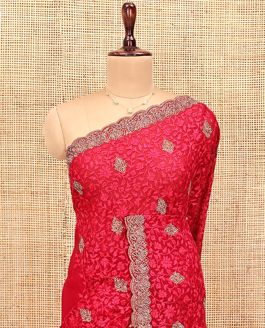 Red Designer Saree, Opulently Embellished with Floral Jaal and Embroidery Buttas, a Scallop Border, and a Matching Blouse