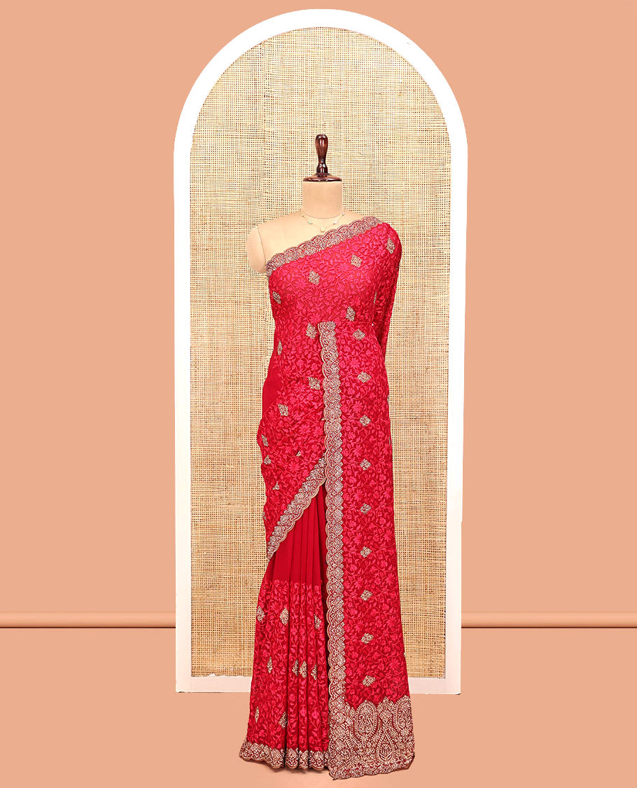 Red Designer Saree, Opulently Embellished with Floral Jaal and Embroidery Buttas, a Scallop Border, and a Matching Blouse