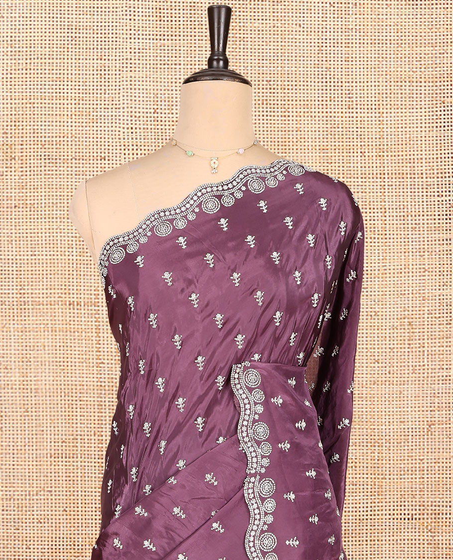 Violet Designer Saree, Richly Detailed with Swarovski Stonework, a Scallop Stonework Border, Matching Blouse