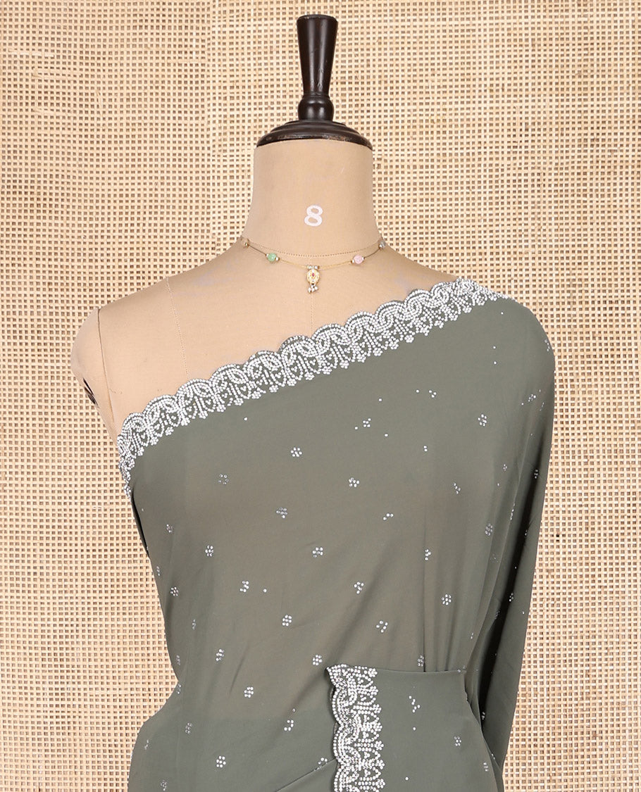 Green Designer Saree, Detailed with Micro-Stone Work, Scallop Micro-Stone Work Border, a Self-Pallu, and a Matching Blouse