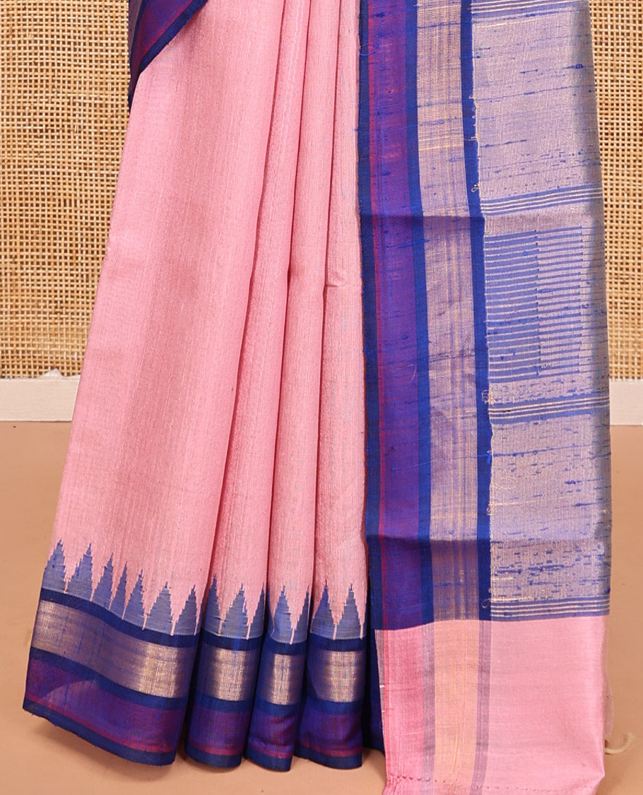 Pink Plain Dupion Silk Saree, Complemented by a Contrast Temple Zari Border, Gleaming Temple Design Pallu, and a Contrast Blouse