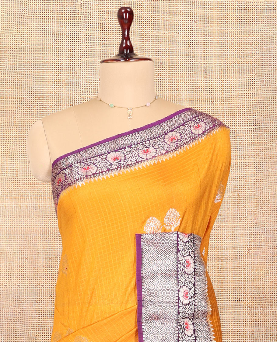 Pale Yellow Raw mango Silk Saree, Subtly Sparkled with Checks and Floral Buttas, a Contrast Floral Creeper Border, Intricate Pallu, and a Contrast Blouse
