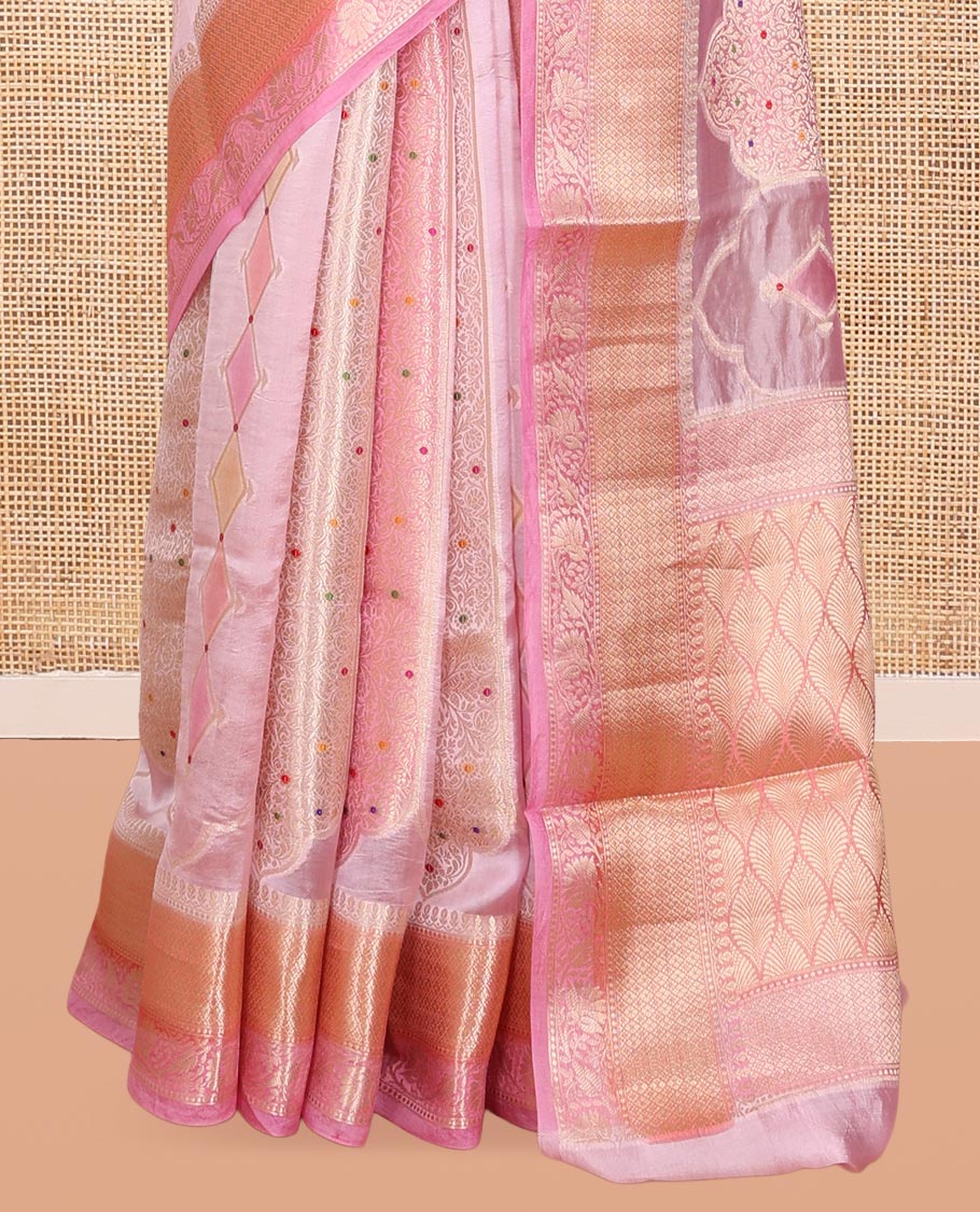 Pink Dupion Silk Saree, Elevated with Rangkat-Style Mughal Designs, a Contrast Traditional Zari Border, Ogee Pallu, and a Contrast Blouse