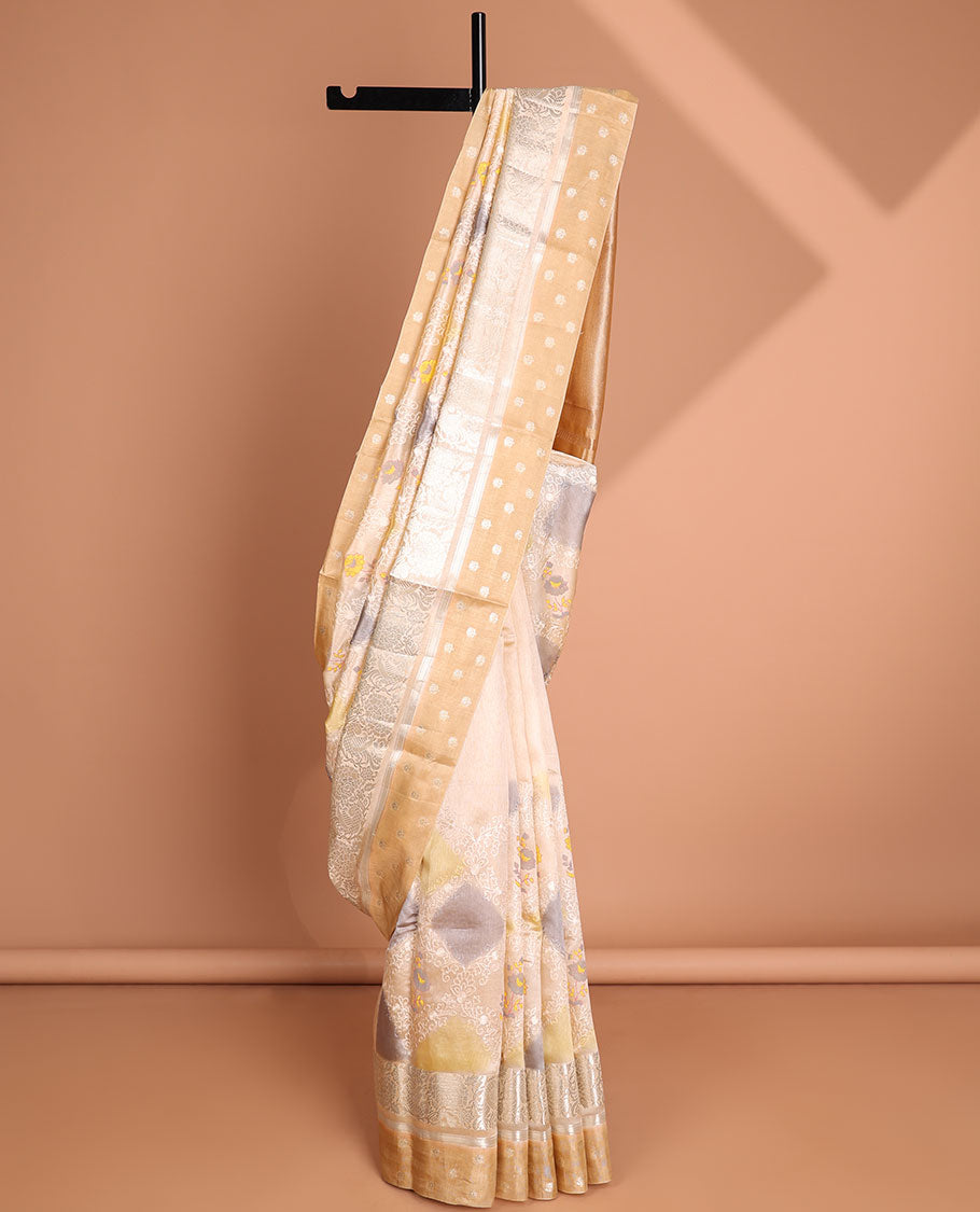 Sandal floral design dupion saree with contrast intricate zari design border & striped pallu