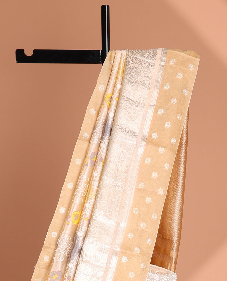 Sandal floral design dupion saree with contrast intricate zari design border & striped pallu