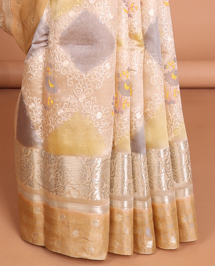 Sandal floral design dupion saree with contrast intricate zari design border & striped pallu