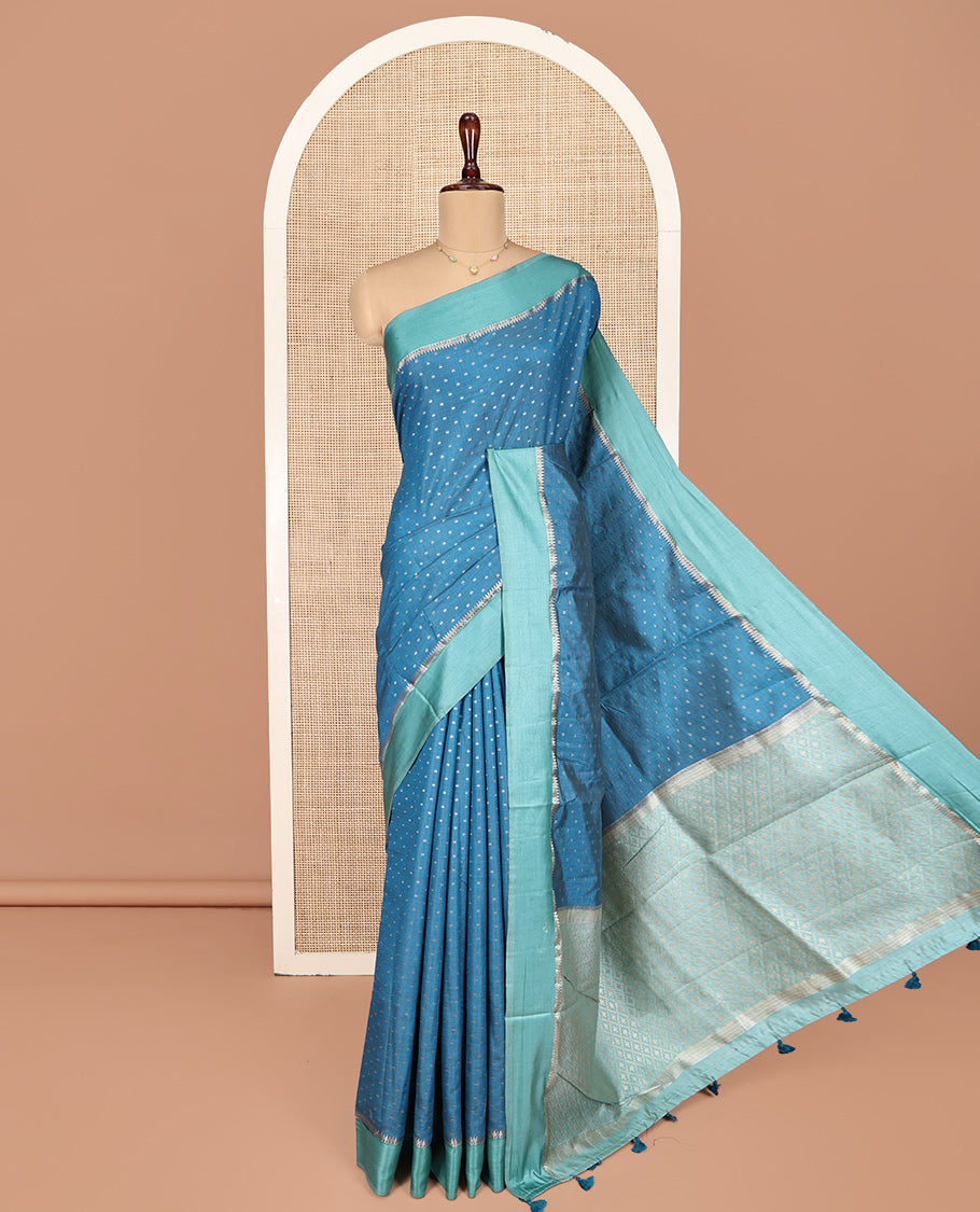 Blue Semi-Banaras Dupion Saree, Steeped with Buttas, Complemented by Contrast Border, Grand Jaal Pallu, and a Contrast Blouse