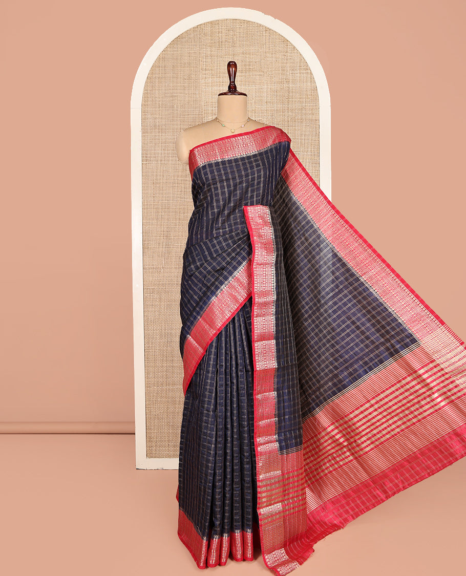 Blue Dupion Silk Saree, Beautified with Zari Micro-Checks, Complemented by a Contrast Traditional Zari Design Border, Zari Striped Pallu, and a Contrast Blouse
