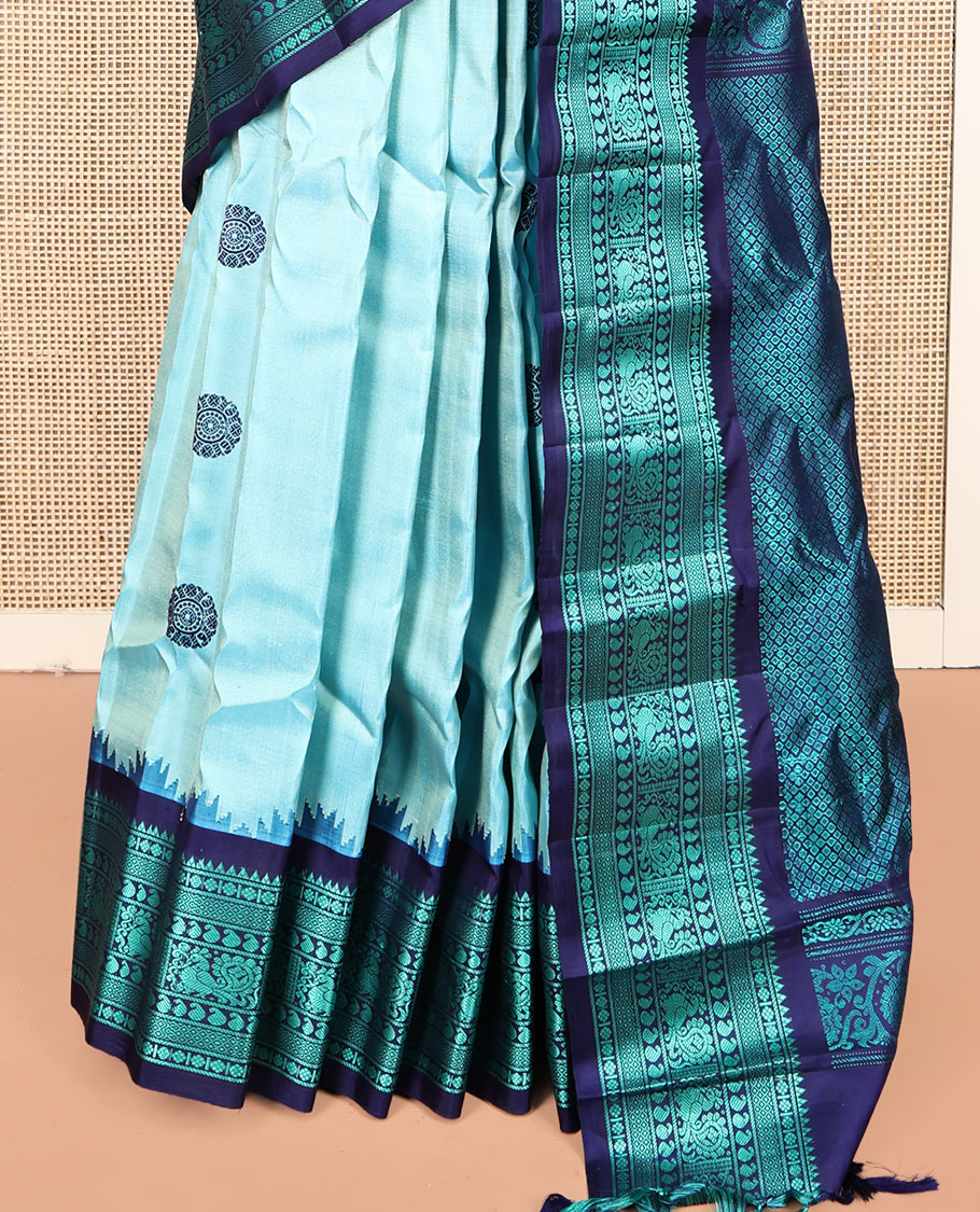 Blue Gadwal Silk Saree, Delicately Woven with Thread Buttas, Complemented by a Contrast Traditional Thread Border, Thread-Woven Pallu, and a Contrast Blouse