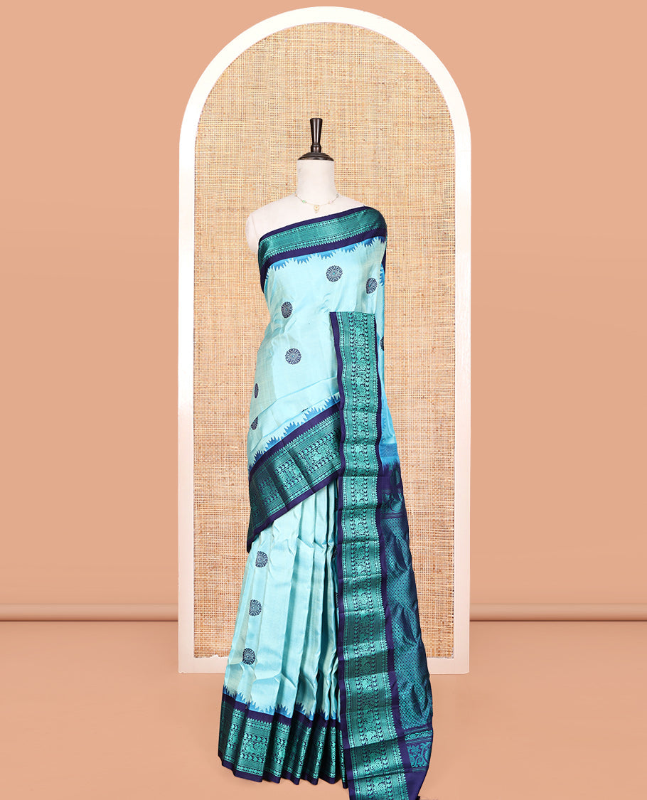 Blue Gadwal Silk Saree, Delicately Woven with Thread Buttas, Complemented by a Contrast Traditional Thread Border, Thread-Woven Pallu, and a Contrast Blouse