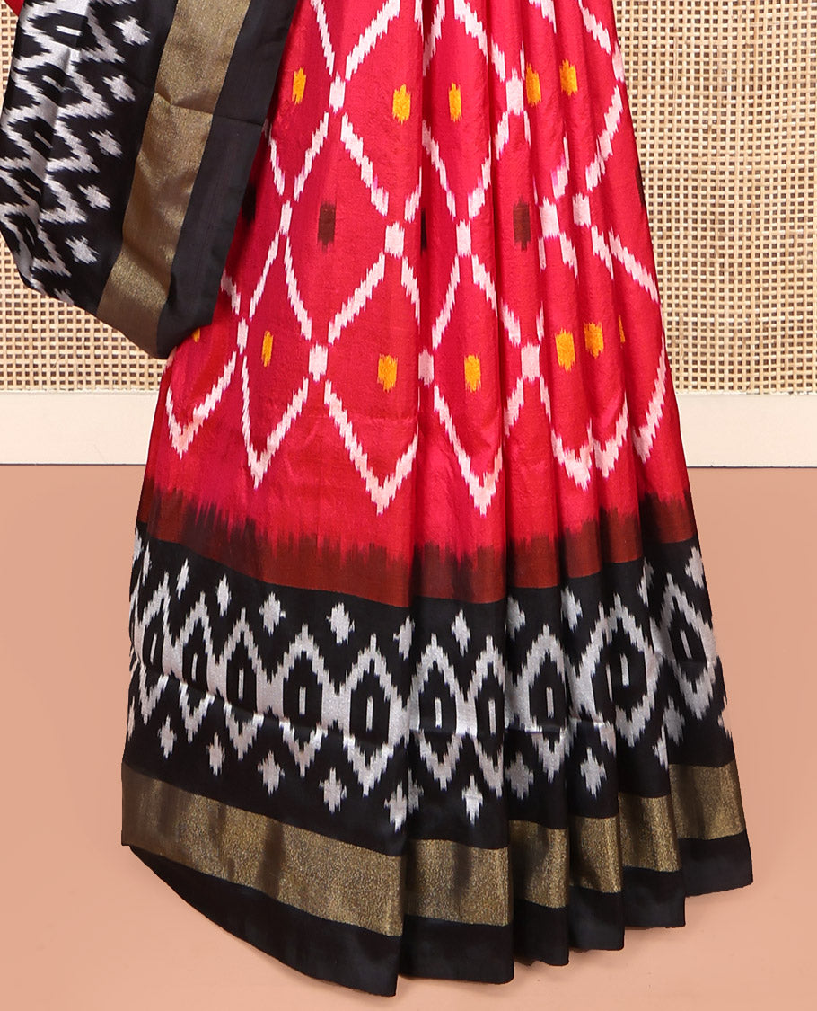 Red Pochampally Ikat Silk Saree, Elevated with Ikat Butta Enclosed Jaal Design, Complemented by a Contrast Ikkat Woven Border, Pallu of Ikkat Weave, and Paired with a Contrast Blouse